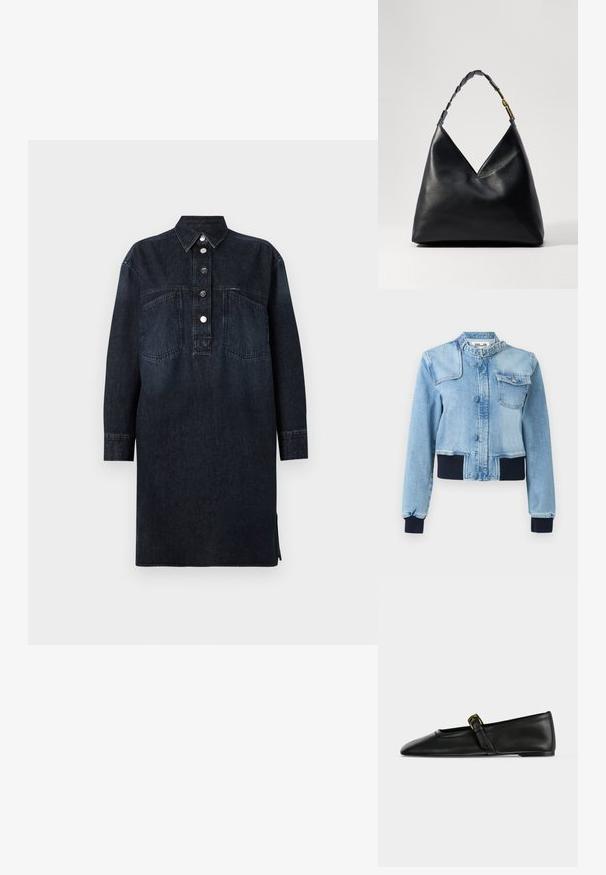 Hele sinine teksajakk kõrge krae pandlaga, ees nupuga, üks rinnatasku klapiga ja mustad soonikkoes mansetid ning vöökoht.; CLOSED DRESS - Teksakleit - dark blue; Mustast nahast Mary Jane stiilis madal king terava nina ja õhukese rihmaga, millel on väike kuldne pannal, näidatud küljelt lihtsal taustal.; Musternahkist mustreeritud must nahast kott, millel on punutud käepide ja kullaga aksessuaarid. Sile tekstuur ja struktureeritud kuju.
