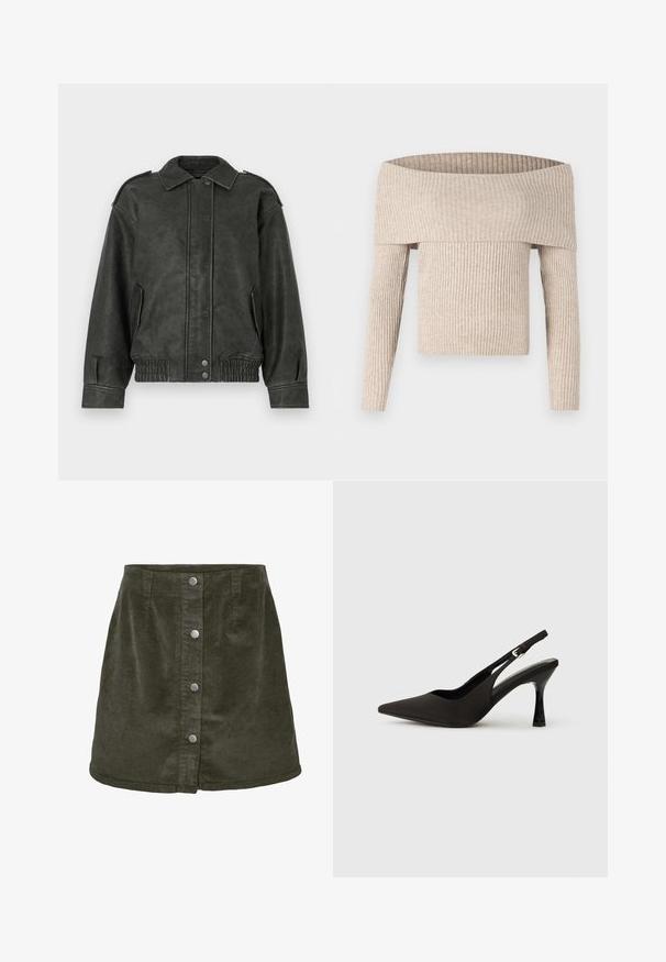Grüne Kunstlederjacke mit Knopfleiste, breitem Kragen, Seitentaschen und elastischen Bündchen und Saum für eine lässige Passform.; Beiger, gerippter Strickpullover mit langen Ärmeln und Carmenausschnitt, weitem umgeschlagenem Ausschnitt und figurbetonter Silhouette.; Dunkelgrüner Cord-Rock in A-Linie, mit fünf silbernen Knopfverschlüssen auf der Vorderseite und vertikaler Ripptextur.; Schwarze Slingback-Absatzschuhe mit spitzem Zehenbereich, glattem, mattem Finish und schmalem, glanzvollem Absatz. Verstellbarer Riemen mit kleiner Schnallen-Detail.