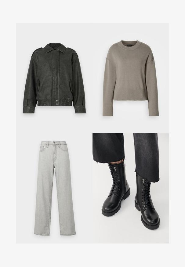 Chaqueta de imitación de cuero verde, con cierre de botones, cuello ancho, bolsillos laterales y puños y dobladillo elásticos para un ajuste relajado.; Suéter corto gris claro con cuello redondo, hombros caídos y puños y dobladillo acanalados. Textura suave, diseño simple.; Jeans de pierna ancha de color gris claro, fabricados en denim, con una cintura alta, bolsillos delanteros y un cierre estándar con botón y cremallera.; Botas de tobillo negras con acabado en cuero liso, cordones en la parte frontal y cremallera lateral. La suela gruesa y los ojales detallados añaden textura.