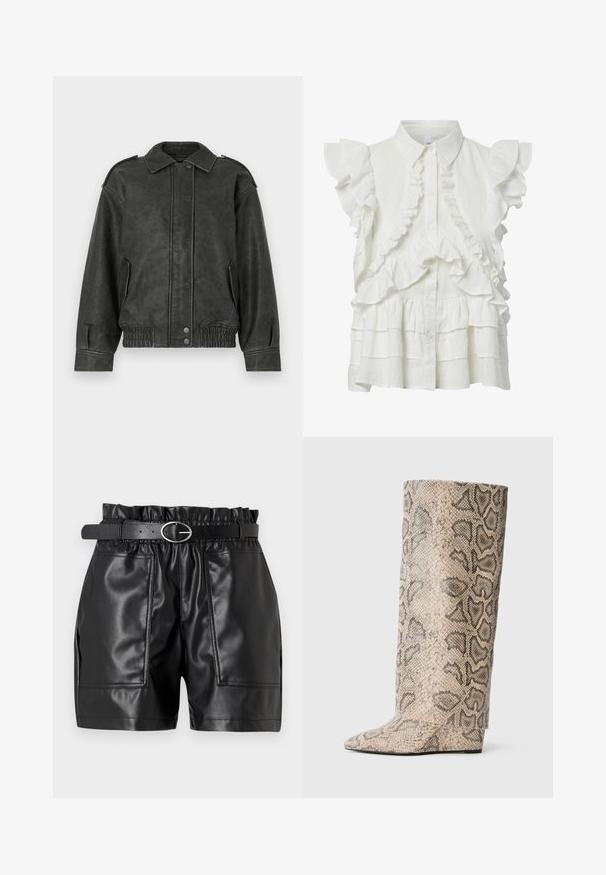 Grüne Kunstlederjacke mit Knopfleiste, breitem Kragen, Seitentaschen und elastischen Bündchen und Saum für eine lässige Passform.; Weiße ärmellose Bluse mit Rüschenbesatz, Knopfverschluss vorne und stufig geschichtetem Stoffdetail.; Schwarze Shorts aus Kunstleder mit elastischem Bund, glatter Textur und zwei vorderen Taschen, ergänzt durch einen schmalen Gürtel mit einer silbernen Schnalle.; Hohe, spitz zulaufende Stiefel in einem beigen und schwarzen Schlangenprint-Muster. Hergestellt aus strukturiertem Synthetikmaterial mit einer eleganten, glatten Oberfläche.
