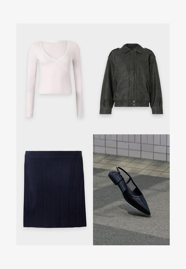 Veste en simili cuir vert, avec un devant à boutons, un large col, des poches latérales, et des poignets et un ourlet élastiques pour une coupe décontractée.; T-shirt à manches longues, de couleur rose clair, avec une texture côtelée et un décolleté en V rehaussé par une bordure en dentelle blanche le long du col.; Object OBJTHESS - Minijupe - sky captain; Chaussure plate noire à bout pointu avec bride arrière, flottant au-dessus d'une surface en bitume à côté d'un trottoir carrelé.