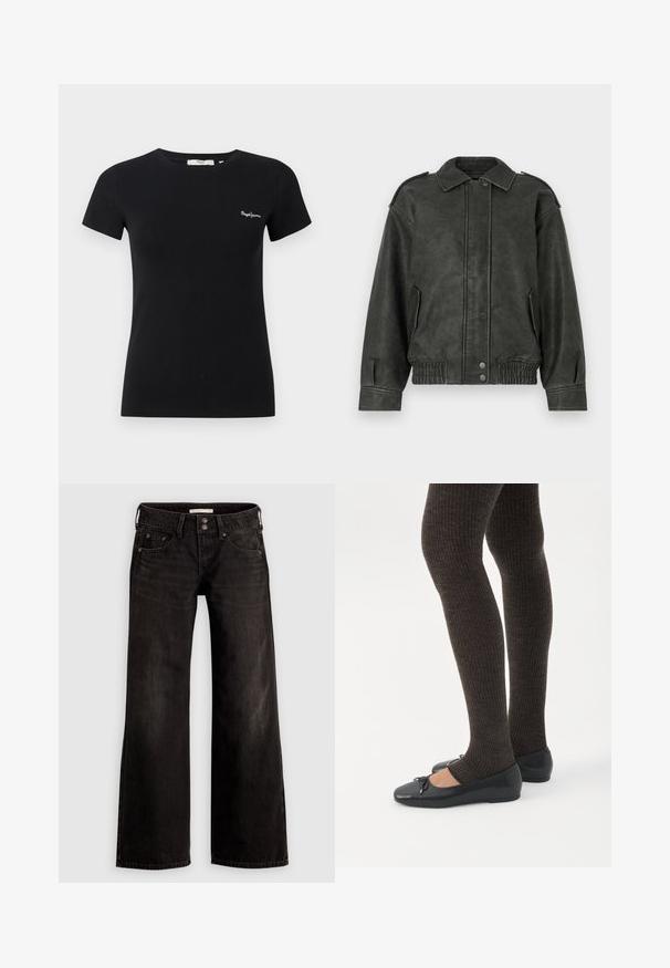 Groene faux leren jas met een knoopsluiting aan de voorkant, een brede kraag, zijzakken en elastische manchetten en zoom voor een relaxte pasvorm.; Zwart aangesloten T-shirt met korte mouwen, ronde hals en klein wit "Pepe Jeans"-logo op de linkerborst.; Zwarte wijde jeans met een licht vervaagde afwerking, voorzien van voorzakken, een ritssluiting en een knoopsluiting. Gemaakt van denim stof.; Benen met donkere geribbelde leggings gecombineerd met zwarte ballerina's met kleine strikdetails op een witte achtergrond.