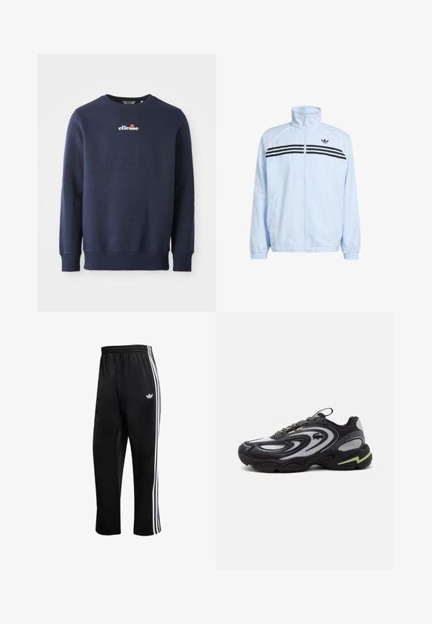 Lichtblauw jack met ritssluiting, voorzien van wit-zwart gestreepte accenten over de borst en een opstaande kraag. Zachte textuur met elastische manchetten.; Navyblauwe sweatshirt gemaakt van een zachte stof, met een ronde hals en geribbelde manchetten. Geborduurd "ellesse" logo met gekleurde accenten.; Zwarte sportbroek van polyester met drie witte verticale strepen langs de zijkanten en een geborduurd logo op de heup.; Zwart-grijze Lacoste Storm 2K sneaker met golfpatronen, veterdesign en een dikke zool met een lichtgroene accent.