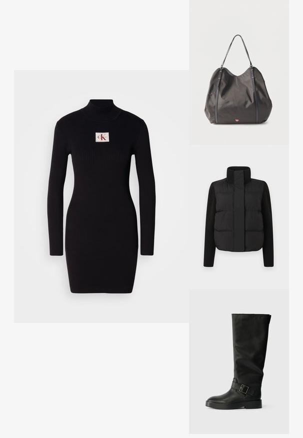 Sort pufferjakke med høj krave, der har polstret front og strikkede ærmer. Glat tekstur med cropped design. Ingen synlig hardware.; Sort ribbet langærmet kjole med høj krave og en rektangulær Calvin Klein logo-patch på forsiden. Enkel, tætsiddende design.; Sorte knæhøje støvler lavet af glat læder, med rund tå, en tyk sål og et vandret rem med en rektangulær spænde detalje.; Sort blød mulepose med to justerbare skulderremme og et lille rødt hjerteemblem nær bunden mod en ensfarvet baggrund.