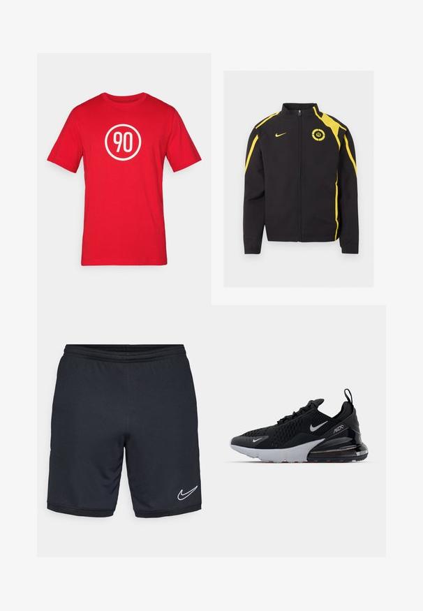 Veste noire zippée avec des bandes jaunes sur les manches et les épaules, logo Nike sur la poitrine droite, et emblème circulaire "90" sur la poitrine gauche.; T-shirt en coton rouge avec un graphique circulaire blanc portant le numéro "90" au centre. Encolure classique et manches courtes.; Shorts de sport noirs en tissu léger et lisse, avec une taille élastique et un accent logo Nike blanc près de l'ourlet.; Chaussure de sport noire avec tige en mesh, semelle intermédiaire blanche et amorti visible dans le talon. Design élégant avec de subtils accents argentés.