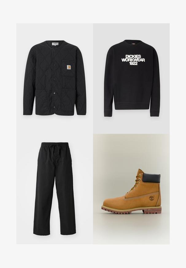 Veste matelassée noire avec encolure ronde, fermeture à boutons-pression, trois poches avant et un petit patch logo beige sur la poche supérieure gauche.; Sweat-shirt noir à col rond avec texte blanc texturé "DICKIES WORKWEAR 1922" sur la poitrine, poignets et ourlet côtelés.; Pantalons larges noirs en tissu doux avec taille élastique et cordon de serrage ajustable, présentant une texture lisse et sans motifs visibles.; Bottine en cuir marron avec col noir, lacets jaunes et semelle beige. Présente un logo et des détails de couture blanche. Semelle extérieure à traction robuste.
