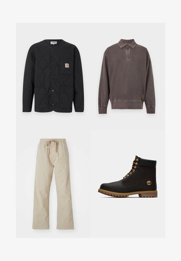 Chaqueta negra acolchada con cuello redondo, cierre con botones a presión, tres bolsillos delanteros y un pequeño parche de logo en tono marrón en el bolsillo superior izquierdo.; Sudadera de manga larga en color gris oscuro con cremallera de cuarto y cuello, puños y dobladillo acanalados, y pequeño parche con logo cerca del dobladillo inferior.; Pantalones de algodón beige con cintura elástica y cordón ajustable. Diseño de pierna recta, textura suave y sin patrones o acentos visibles.; Bota de cuero negro de tobillo con ojales dorados, acentos marrones y suela de goma. Presenta un cuello acolchado y un logotipo en relieve en el costado.