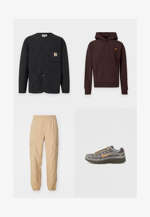 Schwarze gesteppte Jacke mit rundem Ausschnitt, Druckknopfverschluss, drei vorderen Taschen und einem kleinen braunen Logo-Patch auf der oberen linken Tasche.; Braunes Kapuzen-Sweatshirt aus Baumwolle mit Kängurutasche, gerippten Bündchen und kleinem aufgesticktem Logo auf der Brust.; Beige Cargo-Hosen aus leichtem Stoff, mit einem elastischen Bund, zwei Seitentaschen und elastischen Bündchen an den Knöcheln.; Grauer Wildleder-Sneaker mit goldenen Akzenten, strukturierten Einsätzen und passenden Schnürsenkeln. Verfügt über eine gepolsterte Sohle und ein Logodetail an der Seite.