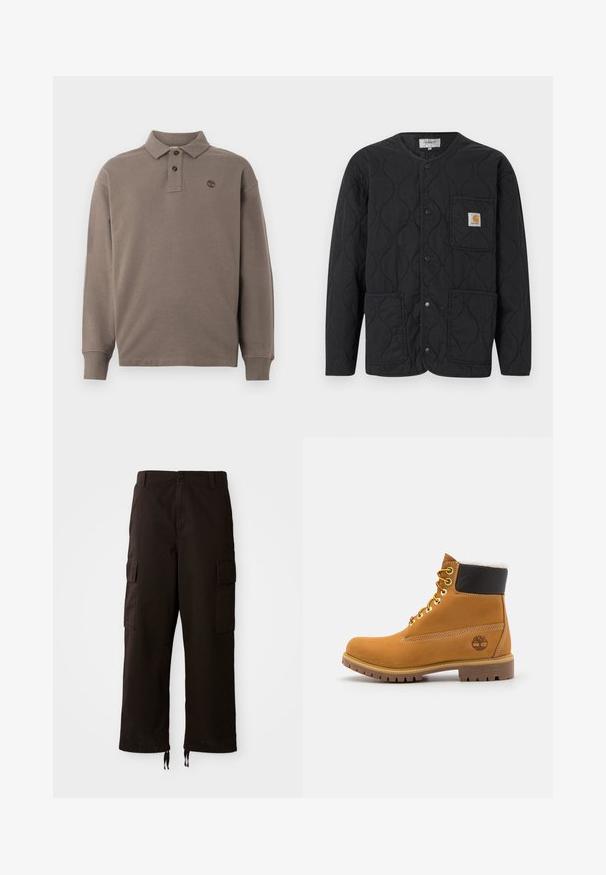 Sort quiltet jakke med rund halsudskæring, trykknapslukning, tre forlommer og et lille tan-farvet logo på øverste venstre lomme.; Langærmet polo-shirt i mørk beige bomuld, med en to-knap pynt, ribbede manchetter og et lille logo broderet på brystet.; Sorte cargo-bukser med en afslappet pasform, der har to sidelommer, en knaplukning og justerbare snore i kanten.; Brune læder ankelstøvle med metaløjer, hvid pelsforing, sort polstret krave, robust sål og præget logo på siden.