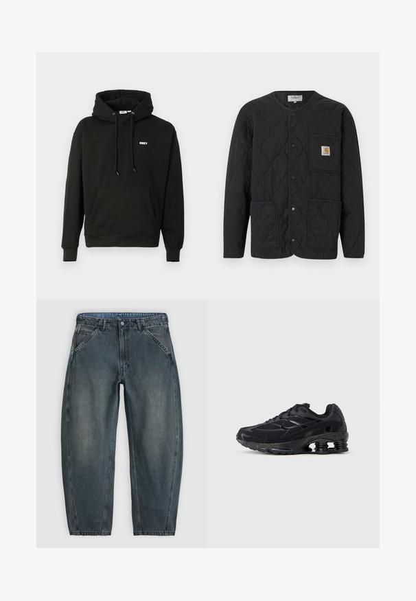 Mustast tikandiga jope ümar kaelusega, trukknappidega sulgumine, kolm eesttaskut ja väike helepruun logo vasaku ülemise tasku peal.; Musterniga must-hall hoodie, millel on ees kangaroo tasku, reguleeritav nööriga kapuuts ja väike valge "OBEY" logo rinnal. Pehme riie.; Kõrge vöökohaga tumehallid teksariidest püksid esikaldustega taskute, nööpide sulgemise, vööaasade ja veidi kitsenevate sääreosadega.; Must sportlik kinga võrgust pealsega, polsterdatud kaelusega ja silmapaistva polsterdatusega kandis. Omab struktuurseid detaile ja paelu.