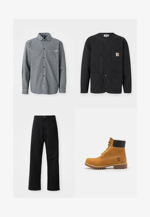 Veste matelassée noire avec encolure ronde, fermeture à boutons-pression, trois poches avant et un petit patch logo beige sur la poche supérieure gauche.; Chemise à manches longues à carreaux noir et blanc, avec col et petite patch logo sur la poche poitrine gauche.; Pantalons en denim noir à coupe droite, avec poches avant, fermeture éclair et un seul bouton supérieur. Tissu texturé avec une finition mate.; Bottine en cuir brun avec œillets en métal, doublure en fourrure blanche, col rembourré noir, semelle robuste et logo en relief sur le côté.