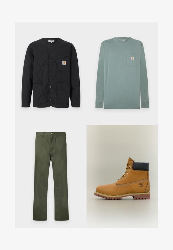 Veste matelassée noire avec encolure ronde, fermeture à boutons-pression, trois poches avant et un petit patch logo beige sur la poche supérieure gauche.; Chemise à manches longues en coton vert clair avec un col rond, dotée d'une poche poitrine gauche et d'un écusson logo en orange et blanc.; Pantalon vert olive en tissu durable, avec une coupe droite, des poches avant et une fermeture à bouton. Texture lisse.; Bottine en cuir marron avec col noir, lacets jaunes et semelle beige. Présente un logo et des détails de couture blanche. Semelle extérieure à traction robuste.