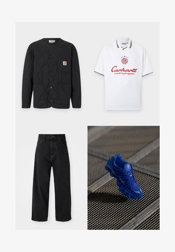 Veste matelassée noire avec encolure ronde, fermeture à boutons-pression, trois poches avant et un petit patch logo beige sur la poche supérieure gauche.; Polo blanc à manches courtes avec des bordures noires sur le col et les manches, texte rouge « Carhartt work in progress » et logo circulaire avec des étoiles bleues en haut.; Jeans en denim noirs à coupe large avec taille haute, bouton avant, fermeture éclair et surpiqûres jaunes sur les poches et les coutures.; Basket de sport bleue avec une tige en mesh, un design texturé et une semelle proéminente dotée d'éléments d'amorti distincts et d'accents réfléchissants.