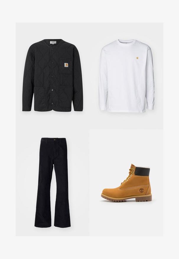 Schwarze gesteppte Jacke mit rundem Ausschnitt, Druckknopfverschluss, drei vorderen Taschen und einem kleinen braunen Logo-Patch auf der oberen linken Tasche.; Weißes Langarm-T-Shirt aus Baumwolle. Mit kleinem goldenem Logo auf der Brust und Rundhalsausschnitt. Einfaches Design und normale Passform.; Schwarze, baumwollene Schlaghose mit traditionellem Bund, einem einzelnen vorderen Knopf und Taschen an den Seiten und hinten. Glatte Textur.; Braune Leder-Ankle-Boots mit Metallösen, weißem Kunstfellfutter, schwarzem gepolstertem Kragen, robustem Sohlenprofil und geprägtem Logo an der Seite.