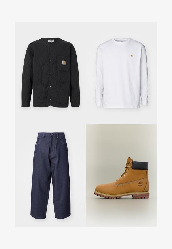 Schwarze gesteppte Jacke mit rundem Ausschnitt, Druckknopfverschluss, drei vorderen Taschen und einem kleinen braunen Logo-Patch auf der oberen linken Tasche.; Weißes Langarm-T-Shirt aus Baumwolle. Mit kleinem goldenem Logo auf der Brust und Rundhalsausschnitt. Einfaches Design und normale Passform.; Dunkelblaue Denim-Jeans mit einem lockeren, weiten Schnitt. Zu den Merkmalen gehören ein Knopfverschluss, Fronttaschen und sichtbare Nähte.; Brauner Leder-Stiefelette mit schwarzem Kragen, gelben Schnürsenkeln und hellbrauner Sohle. Verfügt über ein Logo und weiße Ziernähe. Robuste Profilsohle.