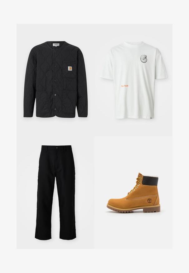 Veste matelassée noire avec encolure ronde, fermeture à boutons-pression, trois poches avant et un petit patch logo beige sur la poche supérieure gauche.; T-shirt blanc à manches courtes avec un design de fossile abstrait en noir et blanc sur la poitrine gauche et le texte orange "Texas Fossils" sur le devant.; Pantalons droits noirs avec passants de ceinture, bouton frontal et fermeture éclair sur fond clair uni.; Bottine en cuir brun avec œillets en métal, doublure en fourrure blanche, col rembourré noir, semelle robuste et logo en relief sur le côté.