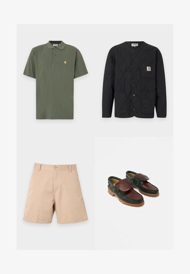 Veste matelassée noire avec encolure ronde, fermeture à boutons-pression, trois poches avant et un petit patch logo beige sur la poche supérieure gauche.; Polo vert olive en coton, avec un col à revers, deux boutons et un petit logo jaune sur le côté gauche de la poitrine. Manches courtes.; Shorts en coton beige avec bouton sur le devant, passants pour ceinture et poches latérales, présentés à plat sur un fond clair.; Chaussures en cuir avec un corps vert foncé, un dessus bordeaux, un bout rond, un rabat sécurisé et une semelle en caoutchouc texturée avec des rainures.