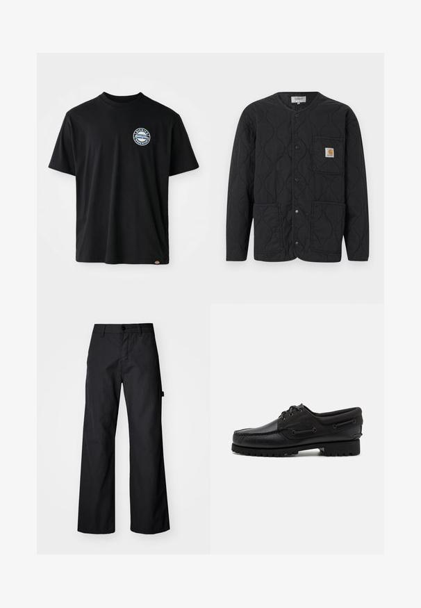 Schwarze gesteppte Jacke mit rundem Ausschnitt, Druckknopfverschluss, drei vorderen Taschen und einem kleinen braunen Logo-Patch auf der oberen linken Tasche.; Schwarzes Baumwoll-T-Shirt mit einem runden Logo auf der Brust. Kurze Ärmel und Rundhalsausschnitt mit geradem Schnitt am Saum.; Schwarze, weite Hosen aus robustem Stoff. Verfügt über einen Knopfverschluss und Seitentaschen. Glatte Textur mit einem schlichten Design.; Schwarzer Schuh mit einem Obermaterial aus Leder, textilen Akzenten, runden Schnürsenkeln und einer strukturierten Gummisohle. Verfügt über Mokassin-Nähte und eine Markeninschrift.