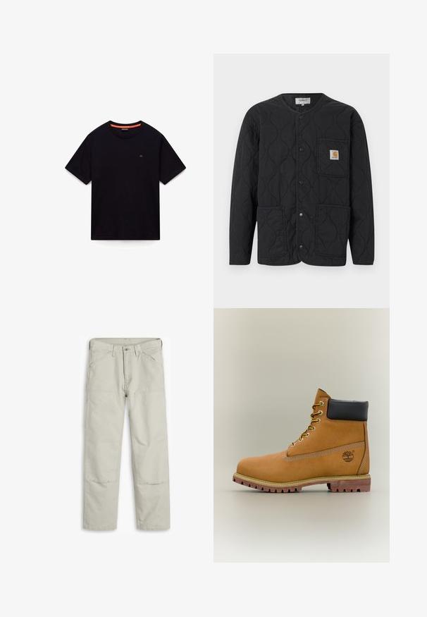 Chaqueta negra acolchada con cuello redondo, cierre con botones a presión, tres bolsillos delanteros y un pequeño parche de logo en tono marrón en el bolsillo superior izquierdo.; Camiseta negra de manga corta con cuello redondo, pequeño logo en el pecho y detalle naranja en el interior del cuello, colocada sobre un fondo blanco.; Pantalones de algodón gris claro con corte recto, múltiples bolsillos, rodilleras reforzadas y detalles de costura en contraste.; Bota de tobillo de cuero marrón con cuello negro, cordones amarillos y suela beige. Presenta un logotipo y detalles de costura blanca. Suela exterior con tracción robusta.