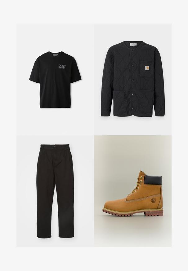 Sort quiltet jakke med rund halsudskæring, trykknapslukning, tre forlommer og et lille tan-farvet logo på øverste venstre lomme.; Sort kortærmet bomulds T-shirt med rund hals og en hvid logo "XTC VERTERE" på venstre brystområde. Glat tekstur.; Sorte bukser lavet af glat stof, med knaplukning, lige pasform og to frontfolder for ekstra detalje.; Brun læderankelstøvle med sort krave, gule snørebånd og tanfarvet sål. Har logo og hvide syninger som detalje. Robust ydersål med greb.