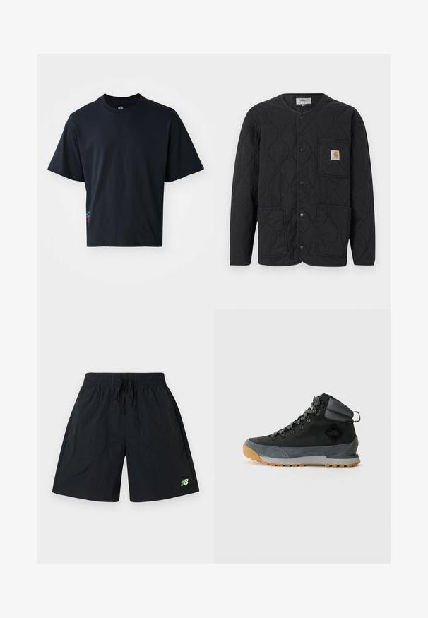 Schwarze gesteppte Jacke mit rundem Ausschnitt, Druckknopfverschluss, drei vorderen Taschen und einem kleinen braunen Logo-Patch auf der oberen linken Tasche.; Schwarzes Kurzarm-T-Shirt aus Baumwolle mit einem klassischen Rundhalsausschnitt und einem kleinen bunten Logodetail an der Seite.; Schwarze Sportshorts mit elastischem Bund und Kordelzug, versehen mit einem kleinen grünen New Balance-Logo am unteren linken Bein.; Schwarze hohe Wanderschuhe aus strukturiertem Wildleder und synthetischen Materialien, mit grauen Akzenten, einer robusten Gummisohle und grauen Schnürsenkeln.