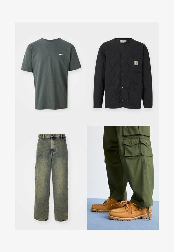 Sort quiltet jakke med rund halsudskæring, trykknapslukning, tre forlommer og et lille tan-farvet logo på øverste venstre lomme.; Mørkegrøn bomulds t-shirt med korte ærmer, rund hals, der har et lille hvidt "OBEY" logo på venstre brystområde.; Slidse denim jeans i en falmet blå og grøn vask. Har en knaplukning, bælteløkker og sidelommer. Flad front og lige ben-design.; Timberland AUTHENTIC 3 EYE - Sejlersko - wheat