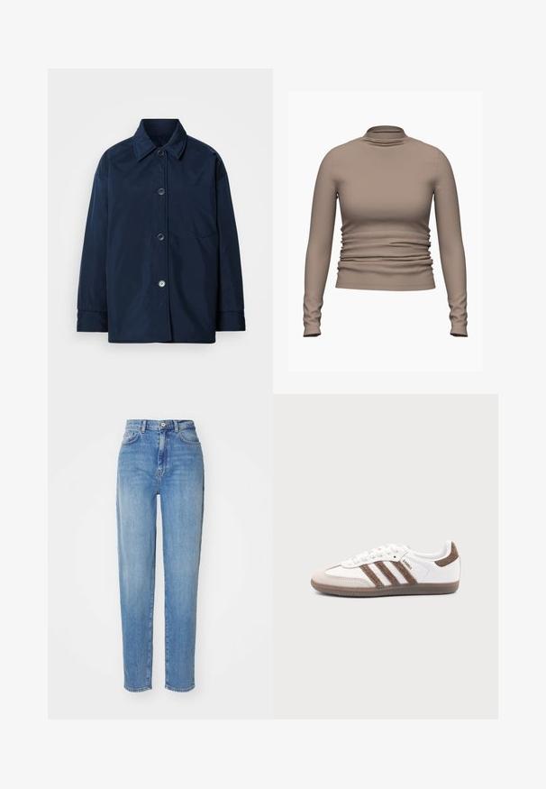 Veste bleu marine à manches longues en tissu lisse. Dispose d'un col, de boutons sur le devant et d'une poche poitrine. Sans motifs visibles.; Haut à manches longues et col roulé de couleur marron clair uni. Présente des détails froncés à la taille et une texture lisse. Tissu doux.; Jean taille haute bleu clair avec une coupe droite. Fabriqué en denim, avec cinq poches et une fermeture à bouton à l'avant. Texture lisse.; Baskets Adidas Samba blanches avec des bandes en daim marron, semelle en caoutchouc marron et bout en daim beige, vues du côté extérieur sur un fond uni.