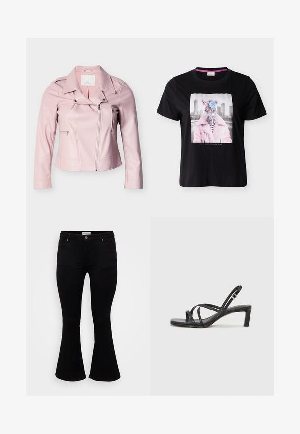 Chaqueta de motociclista de cuero rosa con cuello, cierre frontal con cremallera y dos bolsillos laterales con detalles de costuras visibles.; Camiseta negra con una cebra que lleva un abrigo rosa tachonado y una flor azul en la cabeza, con el skyline de la ciudad al fondo.; Jeans de campana negros fabricados en denim suave, con cintura ajustada, bolsillos frontales y un dobladillo acampanado para un ajuste relajado.; Sandalia negra de tiras con punta cuadrada y tacón bajo de bloque. Presenta múltiples tiras delgadas y una correa ajustable en el tobillo. Fabricada en cuero suave.