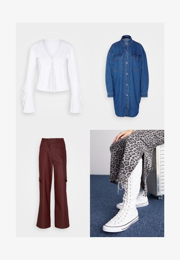 Even&Odd Let jakke / Sommerjakker - white; Blå denimskjorte med knaplukning foran, to brystlommer, lange ærmer og klassisk krave. Struktureret stof med kontraststik.; Missy Empire ASYMMETRIC WAISTBAND TROUSERS - Cargobukser - dark red; Skridtløse hvide støvler med høj skaft, lavet af canvas, med sorte akcenter. Sammen med en grå leopardmønstret nederdel med sidespalter.