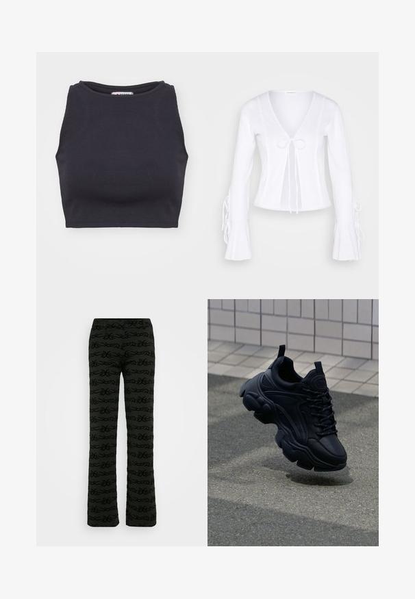 Even&Odd Suvejakk - white; Musthave mustriline kaelus ja ilma varrukat must ribastatud lühiülikond. Sujuv tekstuur, vormikohane kuju ja minimalistlik stiil.; Sobilased mustad püksid, millel on peen reljeefne keerispildikujundus. Omab traditsioonilist vöökohta ja sirge jala disaini. Pehme tekstuur, minimalistlik stiil.; Must musta sneaker musta arvestatud disainiga, millel on paks tald, tekstureeritud paneelid ja mustad kingapaelad. Ujuvad üle halli asfaltkatte.
