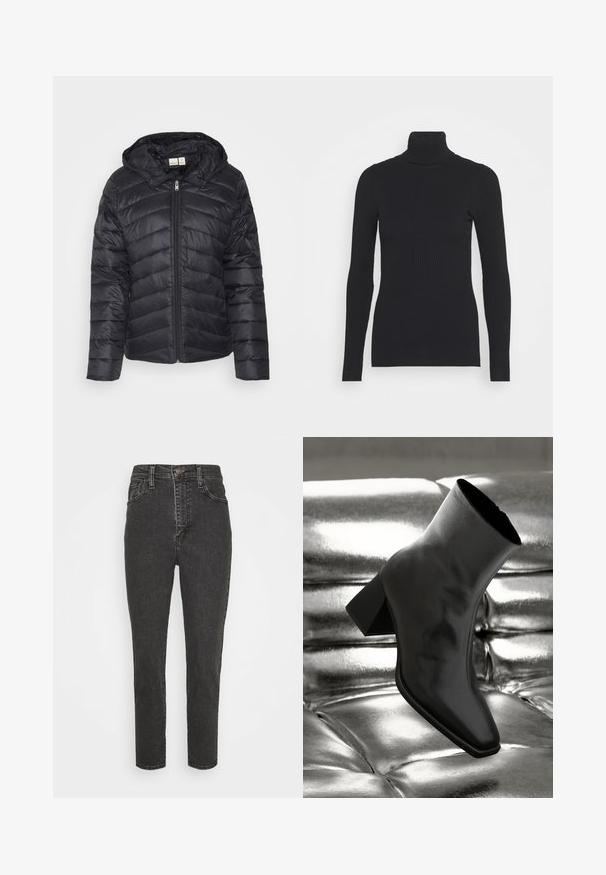 Sort puffjakke med lynlås, chevron-quiltet mønster og aftagelig hætte, lavet af letvægts, glansfuld stof.; Sort ribbet rullekravesweater med lange ærmer og en tætsiddende silhuet. Teksturen er glat med et vandret ribmønster.; Højtaljede sorte denim jeans med slim fit, der har en knaplukning, bælteløkker og klassisk fem-lomme-design.; Sorte ankelstøvler lavet af glossy materiale med firkantet tå og spidse hæle, sat mod en skinnende sølv tuftet baggrund.