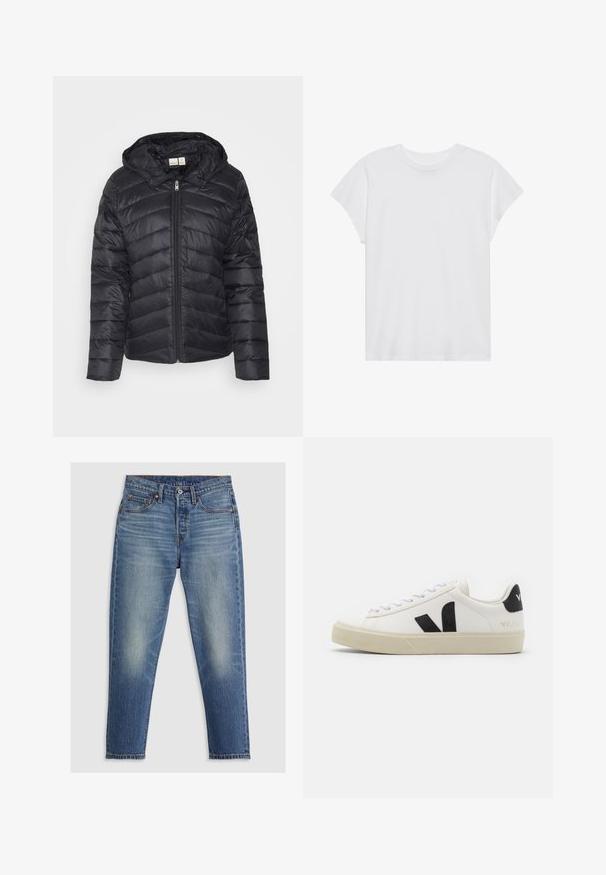 Sort puffjakke med lynlås, chevron-quiltet mønster og aftagelig hætte, lavet af letvægts, glansfuld stof.; Hvid kortærmet t-shirt med rund hals, afslappet pasform, lavet af blødt bomuldsstof. Glat tekstur, ingen mønstre eller logoer.; Lyseblå denim jeans med lige pasform, fem lommer, knaplukning og diskret falming på lårene. Kontraststing er synlige.; Hvide lædersneakers med sort gummiv V-logo. Tekstureret off-white sål, hvide snørebånd og bagside med brandnavn i sort.