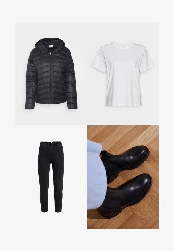 Sort puffjakke med lynlås, chevron-quiltet mønster og aftagelig hætte, lavet af letvægts, glansfuld stof.; Hvid bomulds T-shirt med korte ærmer, rund hals og en afslappet pasform. Glat tekstur, uden mønstre eller grafik, enkel design.; High-waist sort denim jeans med forreste knap og lynlås, to forlommer og en tilspidset ben foran på en hvid baggrund.; Sorte ankelstøvler lavet af glat læder med elastiske sidepaneler, en tekstureret gummisål og kontraststing langs kanten.