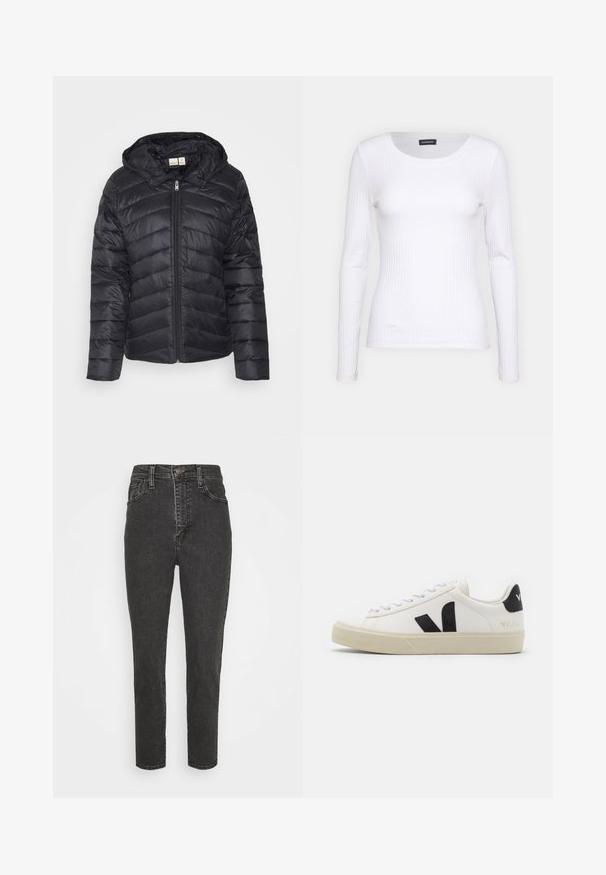 Schwarze Steppjacke mit Reißverschluss, Chevron-Steppmuster und abnehmbarem Kapuzen, gefertigt aus leichtem, glänzendem Stoff.; Weißes geripptes Langarmoberteil mit Rundhalsausschnitt. Aus einem dehnbaren Stoff gefertigt, der den Körper umschmeichelt. Verfügt über dezente horizontale Streifen.; Schwarze, hoch geschnittene Denim-Jeans mit Slim Fit, versehen mit einem Knopfverschluss, Gürtelschlaufen und klassischem Fünf-Taschen-Design.; Weißes Leder-Sneaker mit schwarzem Gummi-V-Logo. Strukturierte cremefarbene Sohle, weiße Schnürsenkel und Fersendetail in Schwarz mit dem Markennamen.