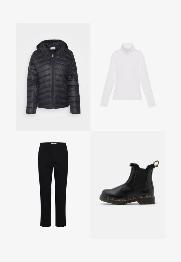 Schwarze Steppjacke mit Reißverschluss, Chevron-Steppmuster und abnehmbarem Kapuzen, gefertigt aus leichtem, glänzendem Stoff.; Weißes Langarm-Turtleneck-Oberteil aus glattem, elastischem Stoff. Mit hohem Kragen und tailliertem Schnitt, ohne sichtbare Muster oder Verzierungen.; Schwarze Baumwollhose mit geradem Schnitt. Verfügt über fünf Taschen und einen vorderen Knopfverschluss. Glatte Textur, minimale Nähdetails.; Schwarze Leder Stiefeletten mit strukturierten elastischen Seitenpanelen, einem Fellbesatz an der Oberkante, gelben Nähten und einer robusten Gummisohle.