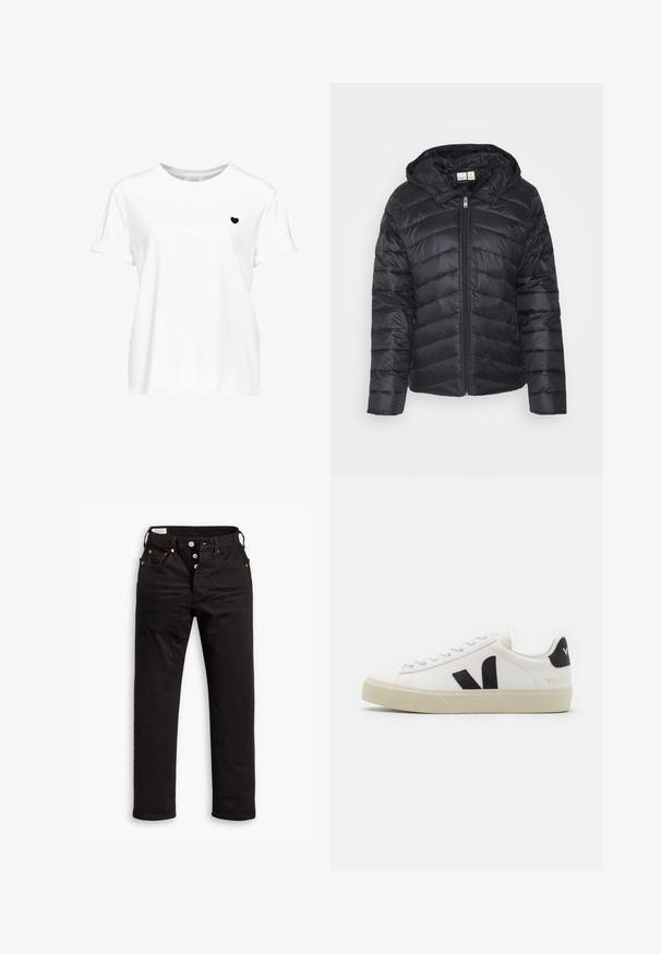 Doudoune noire avec fermeture éclair, motif matelassé en chevron et capuche amovible, fabriquée en tissu léger et brillant.; T-shirt blanc à manches courtes avec un petit motif cœur noir sur la poitrine gauche et un col rond.; Jean noir à jambe droite avec fermeture à boutons, poches avant et arrière, et détails en rivets cuivrés sur fond blanc.; Baskets en cuir blanc avec un logo V en caoutchouc noir. Semelle texturée blanc cassé, lacets blancs et détail sur le talon arrière portant le nom de la marque en noir.