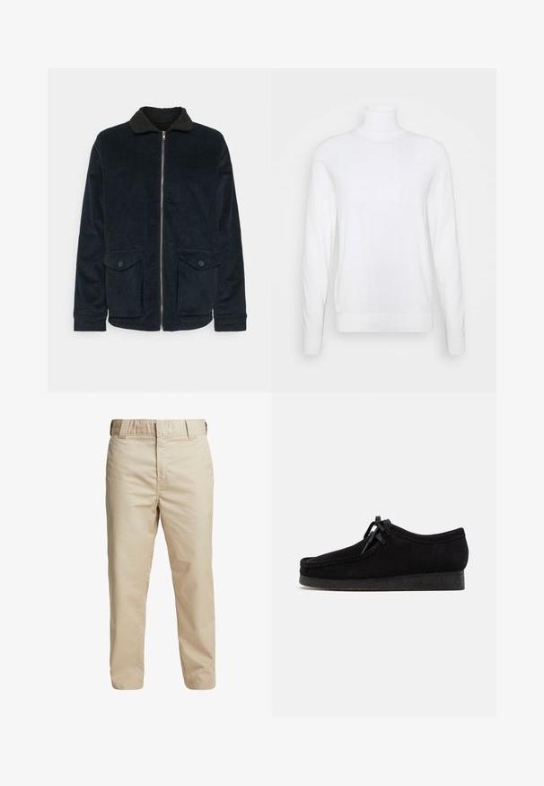 Veste en velours côtelé bleu marine avec un col en sherpa noir, fermeture éclair et deux poches avant à boutons ; présente une texture côtelée sur toute la surface.; Pull à col roulé blanc avec des manches longues, fabriqué en tissu lisse. Présente un design ajusté et des poignets et un ourlet côtelés. Pas de motifs ni d'accents.; Pantalons en coton beige avec une coupe slim, des jambes droites et des passants de ceinture ; texture lisse et design minimaliste sans accents visibles.; Chaussures en daim noir avec un design à bout arrondi, un laçage à l'avant et une semelle en caoutchouc noir texturé. Tige lisse avec de subtils détails de couture.