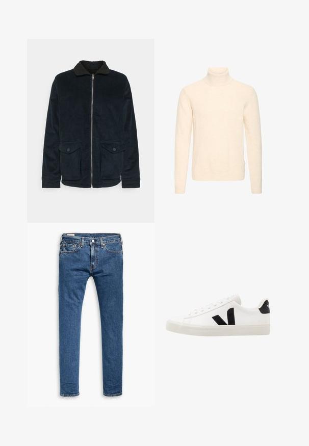 Veste en velours côtelé bleu marine avec un col en sherpa noir, fermeture éclair et deux poches avant à boutons ; présente une texture côtelée sur toute la surface.; Pull à col roulé à manches longues couleur crème, avec col, poignets et ourlet côtelés, présenté sur fond blanc uni.; Jeans slim fit en denim bleu avec cinq poches, bouton avant et passants de ceinture, présentés à plat sur un fond blanc.; Sneaker blanche en cuir avec des accents en daim noir ; dispose d'une semelle en caoutchouc, d'un bout rond et d'un design classique à lacets. Logo latéral en noir.