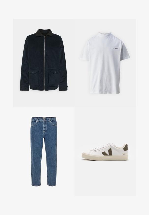 Veste en velours côtelé bleu marine avec un col en sherpa noir, fermeture éclair et deux poches avant à boutons ; présente une texture côtelée sur toute la surface.; T-shirt en coton blanc avec un col haut et des manches courtes. Présente le logo "SAMSØE SAMSØE" en noir sur le devant. Texture lisse.; Jeans en denim bleu à coupe droite. Présente cinq poches, une fermeture à bouton et des coutures contrastées. Le tissu a une texture classique.; Baskets en cuir blanc avec une semelle en caoutchouc beige clair. Présentent un logo en V en daim marron et une languette de talon. Fermeture à lacets avec une surface texturée.