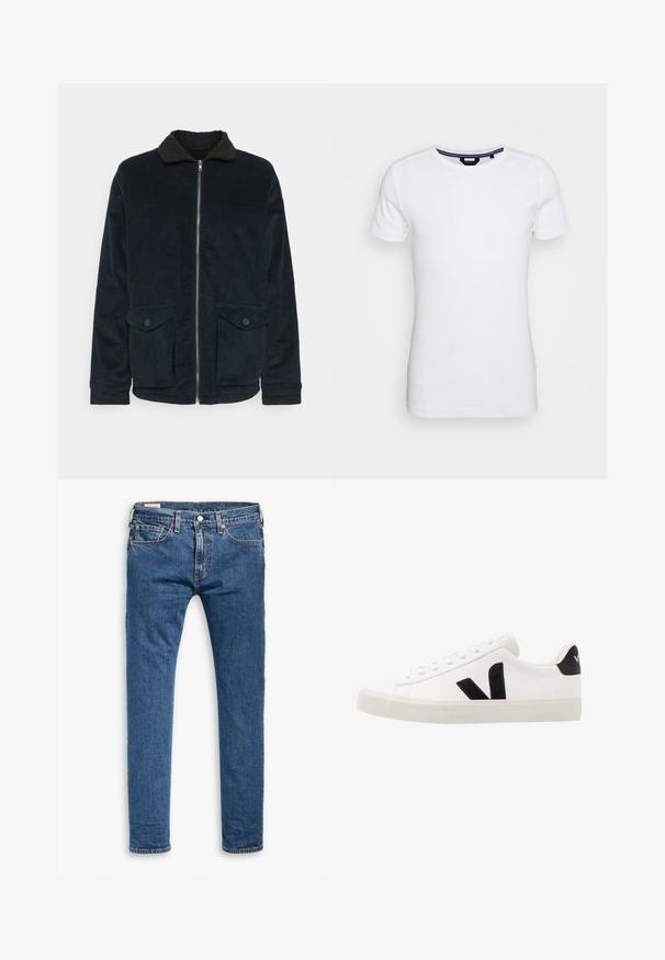 Marineblauwe corduroyjas met een zwarte sherpa kraag, ritssluiting en twee knoopzakken aan de voorkant; heeft een geribbelde textuur overal.; Lindbergh T-shirt basic - white; Blauwe slim-fit denim jeans met vijf zakken, een knoop aan de voorkant en riemlussen, plat weergegeven op een witte achtergrond.; Witte leren sneaker met zwarte suède accenten; voorzien van een rubberen zool, ronde neus en een klassieke vetersluiting. Zijkant met logo in het zwart.