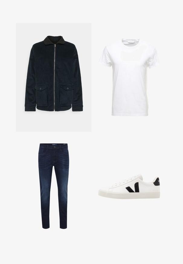 Veste en velours côtelé bleu marine avec un col en sherpa noir, fermeture éclair et deux poches avant à boutons ; présente une texture côtelée sur toute la surface.; T-shirt en coton blanc à manches courtes, design col rond et texture lisse. Étiquette visible au niveau du col. Style simple et classique.; Jeans en denim bleu foncé avec une coupe slim, design à cinq poches, un léger effet délavé, fermeture à bouton et étiquette logo sur la taille arrière.; Sneaker blanche en cuir avec des accents en daim noir ; dispose d'une semelle en caoutchouc, d'un bout rond et d'un design classique à lacets. Logo latéral en noir.