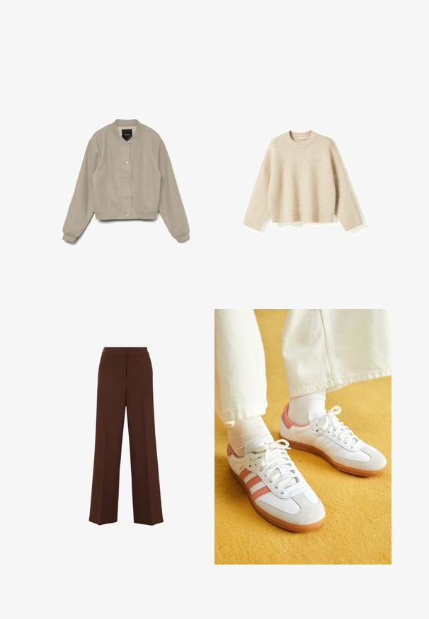 Lys beige bomberjakke lavet af blødt stof. Har en rund krave, trykknaplukning foran og ribbede manchetter og kant.; Noella Striktrøje - beige; Brune bredbenede bukser med en glat overflade, der har en struktureret talje og subtile plisseringer, der løber ned langs forsiden.; Hvide sportsko med lyserøde accenter, lavet af ruskind og læder, rund tå og gummisål, vist med lyse sokker på en gul baggrund.