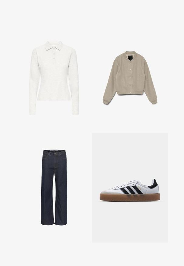 Lichtbeige bomberjack gemaakt van zachte stof. Heeft een ronde kraag, drukknoopsluiting aan de voorkant en ribgebreide manchetten en onderkant.; Wit poloshirt met lange mouwen en drie knopen, van zacht textiel, met een klassieke kraag, weergegeven vanuit het front tegen een effen achtergrond.; Donkerdenim wijde pijpen jeans met een hoge taille, voorzien van vijf zakken, contrasterende stiksels en een ruwe zoom aan de onderkant.; Witte leren sneakers met zwarte strepen, gumrubberen buitenzool, ronde neus, vetersluiting en een zachte grijze suède neuskap.