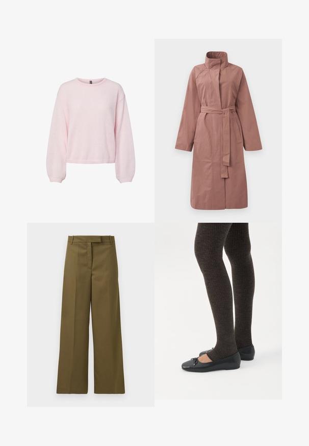 Pikk mauve värvi trench coat vöödiga, kõrge krae, pikad varrukad ja ees olevad taskud, esitletud lihtsa taustaga.; Heleroosa kudumissärk pikkade õhuliste varrukatega, soonikkoes mansetid, ümar kaelus ja veidi lühem sääris.; Olive rohe vöörihmade ja küljetaskutega laiad püksid tekstureeritud kangast, millel on sirge eesmine osa, hoolikalt lõigatud istuvus ja puhtad jooned.; Jalad seljas tumedad soonelises soonelises kombines mustade baleriinadega, millel on väikesed paelade detailid valgel taustal.