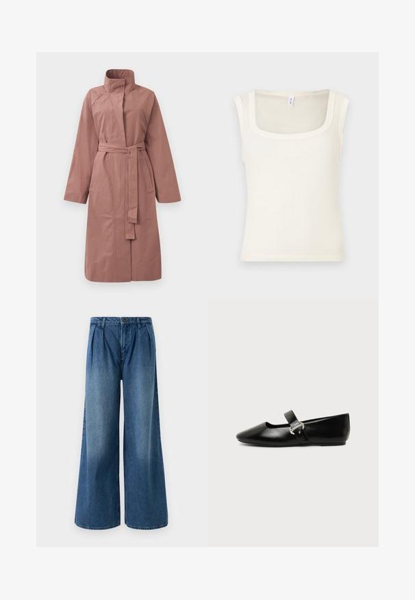 Manteau trench long mauve avec ceinture, col haut, manches longues et poches devant, présenté sur un fond uni.; Débardeur sans manches de couleur crème avec un décolleté carré, une texture côtelée et une coupe ajustée. Tissu lisse avec des bords propres et droits.; Jeans évasés en denim bleu moyen, avec des plis au niveau de la taille et un design à plat à l'avant. Ourlet simple sans embellissements visibles.; Chaussure plate Mary Jane en cuir noir avec bout arrondi et bride à boucle argentée sur fond uni.