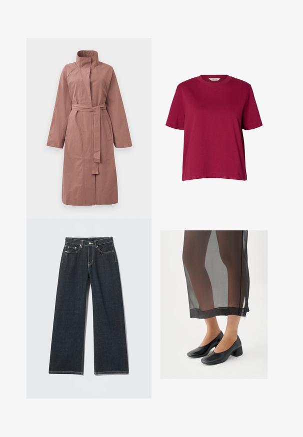 Langer mauvefarbener Trenchcoat mit Gürtel, hohem Kragen, langen Ärmeln und Fronttaschen, vor einem einfarbigen Hintergrund präsentiert.; Schlichtes bordeauxrotes T-Shirt mit kurzen Ärmeln und Rundhalsausschnitt, weiter Schnitt, auf weißem Hintergrund dargestellt.; Dunkelblaue Jeans mit weitem Bein, vorn mit Knöpfen, Reißverschluss, Gürtelschlaufen und fünf Taschen, auf hellem einfarbigem Hintergrund.; Schwarze Blockabsatzschuhe mit glattem Lederfinish, getragen zu einem transparenten schwarzen Rock mit sauberem Saum und minimalistischem Design.
