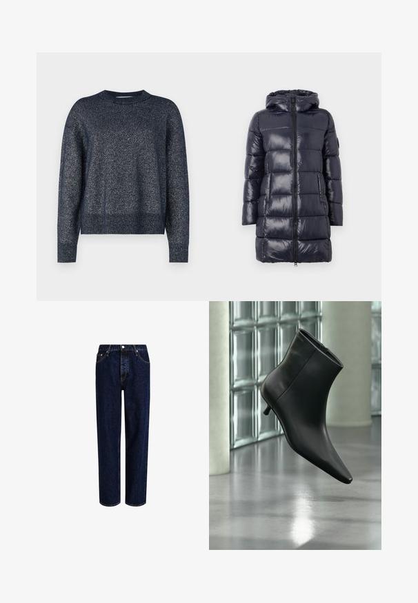 Long manteau d'hiver bleu marine avec capuche, matelassage horizontal, fermeture éclair avant et deux poches latérales, présenté sur fond blanc.; Pull en maille bleu marine avec un col rond, des manches longues et une finition texturée avec des fils métalliques subtils.; Jeans en denim bleu foncé avec une coupe droite, dotés d'une taille haute, d'un style à cinq poches et de coutures contrastantes. Sans embellissements.; Bottine en cuir noir à bout pointu et petit talon kitten, présentée en angle devant un sol poli et un mur en blocs de verre.