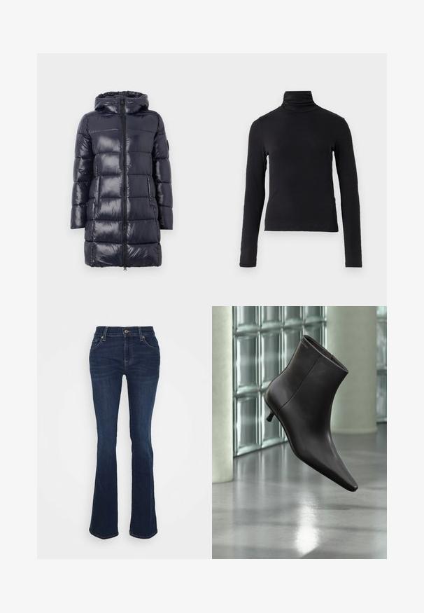 Lang mørkeblå pufferjakke med hætte, vandret quiltning, lynlås foran og to sidelommer, præsenteret på hvid baggrund.; Sort langærmet turtle-neck top lavet af et blødt, strækbart stof. Har høj krave og tætsiddende silhuet uden pynt.; Mørkeblå udvidede jeans lavet af denim; høj talje, fem lommer, guld hardware accenter og glat tekstur med subtil fading ved lårene.; Sort læderankelstøvle med spids tå og lille hæl vist mod en væg af glasblokke og poleret gulv baggrund.