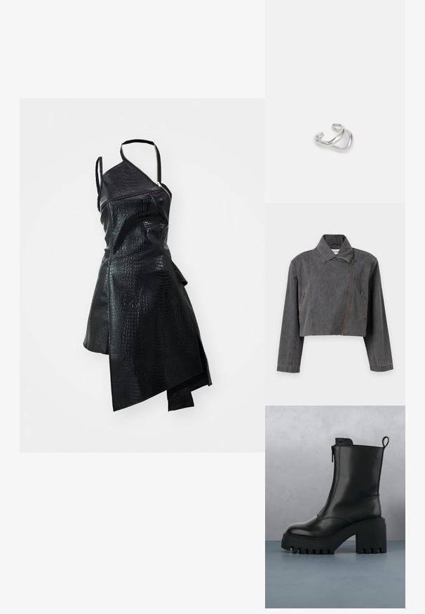Beskaaret gråt denimjakke med spids krave, asymmetrisk lynlåslukning og to sidelommer med lynlåsdetaljer.; Sort faux læderkjole med asymmetrisk design, tekstureret krokodillemønster og lynlåslukning i siden. En skulderrem inkluderet.; Sorte læder ankelstøvler med kraftig sål, blokhæl, lynlås i siden og trækflap bagpå på en ensfarvet hvid baggrund.; Maria Black RIVER EARCUFF - Øreringe - silver
