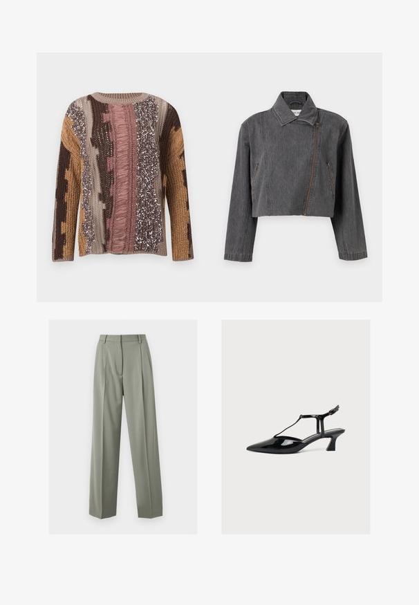 Veste en denim gris coupée avec un col pointu, une fermeture éclair asymétrique et deux poches latérales avec des détails zippés.; Pull en tricot multicolore avec des rayures verticales roses, marron, beige et fauve, orné de motifs texturés incluant des franges et des fils métalliques.; Pantalon droit taille haute en vert olive clair avec passants de ceinture et plis devant.; Chaussure à talon bas en cuir verni noir, bout pointu, bride en T et fermeture à boucle sur fond clair neutre.